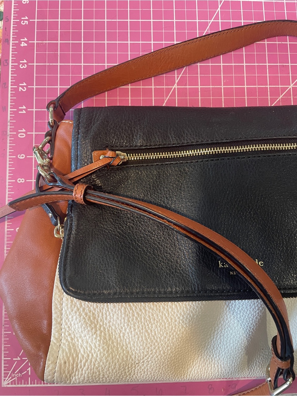 Kate Spade Colorblock Purse Crossbody Black White Brown Flap - Picture 15 of 16